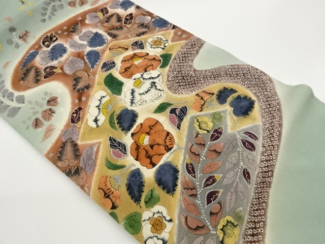 JAPANESE NAGOYA OBI / CHIRIMEN / SHIBORI / HAND PAINTED / MATSUKAWABISHI